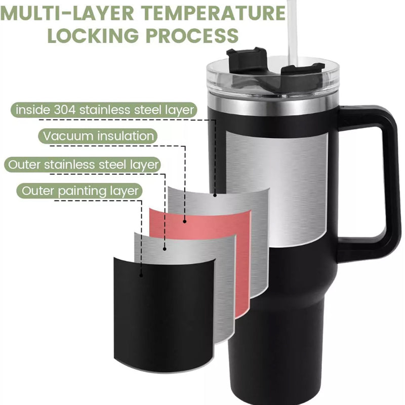 1.2L Insulated Cup Mug Tumbler Bottle with Straw and Handle 40oz Stainless Steel