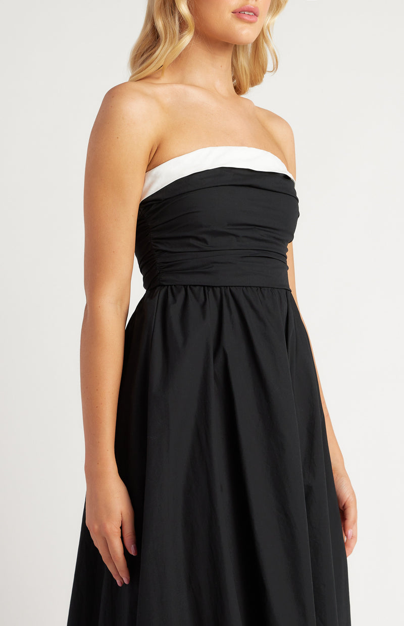 Cotton Contrast Neckline Ruched Bodice Midi Dress Black Womens Clothing
