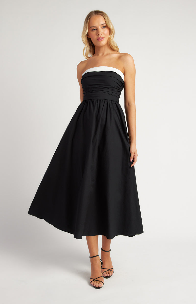 Cotton Contrast Neckline Ruched Bodice Midi Dress Black Womens Clothing