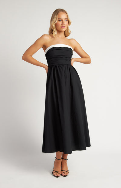 Cotton Contrast Neckline Ruched Bodice Midi Dress Black Womens Clothing