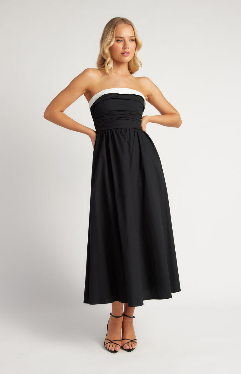 Cotton Contrast Neckline Ruched Bodice Midi Dress Black Womens Clothing