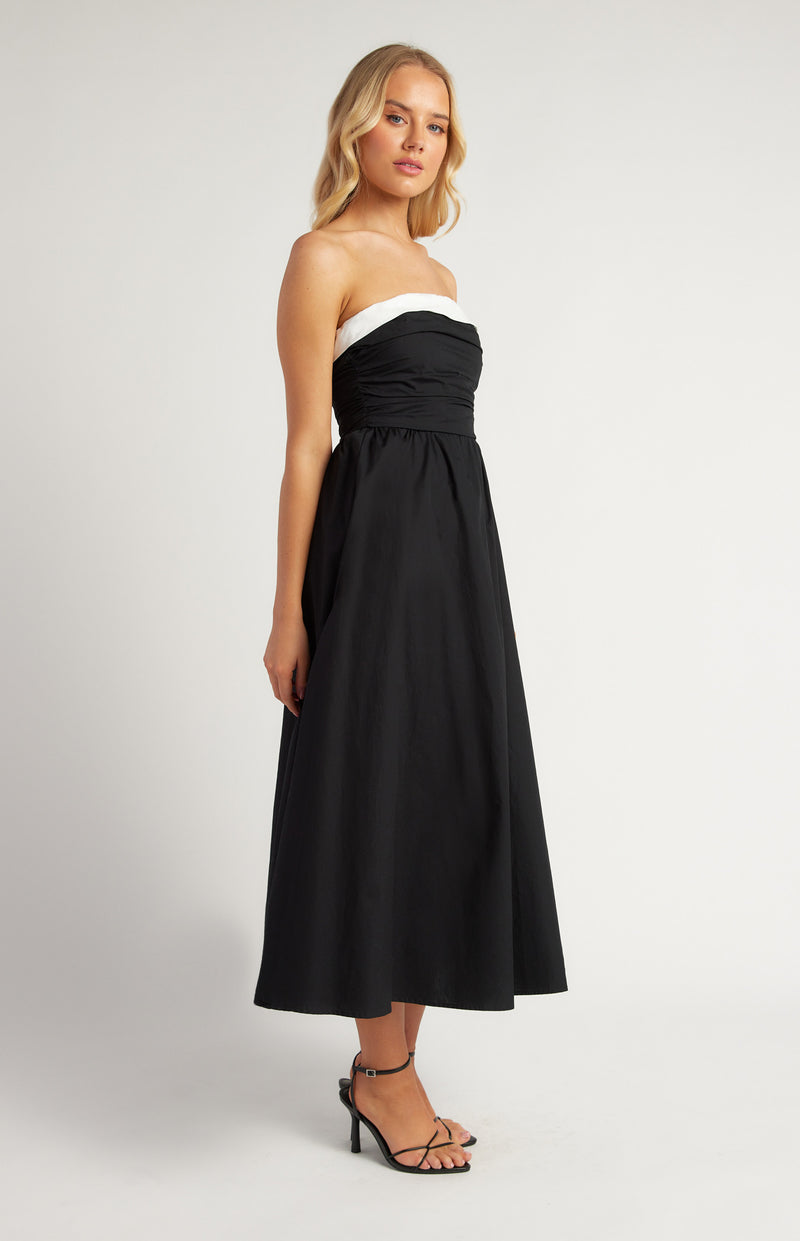 Cotton Contrast Neckline Ruched Bodice Midi Dress Black Womens Clothing