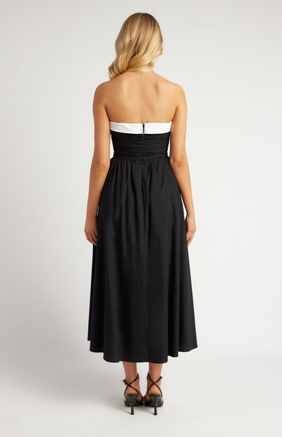 Cotton Contrast Neckline Ruched Bodice Midi Dress Black Womens Clothing