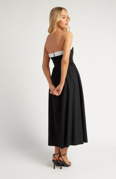 Cotton Contrast Neckline Ruched Bodice Midi Dress Black Womens Clothing