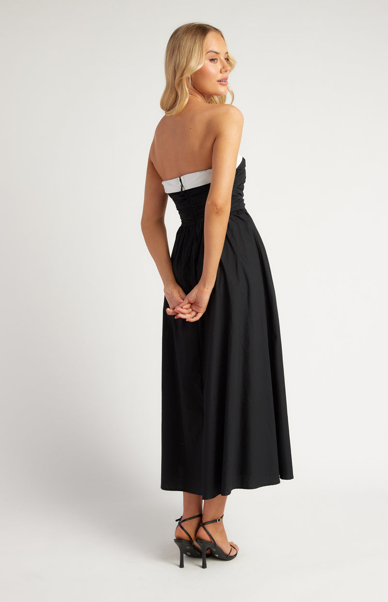 Cotton Contrast Neckline Ruched Bodice Midi Dress Black Womens Clothing
