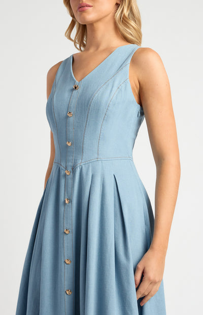 Embossed Gold Button Chambray Dress With Pleated Panel Details Light Blue