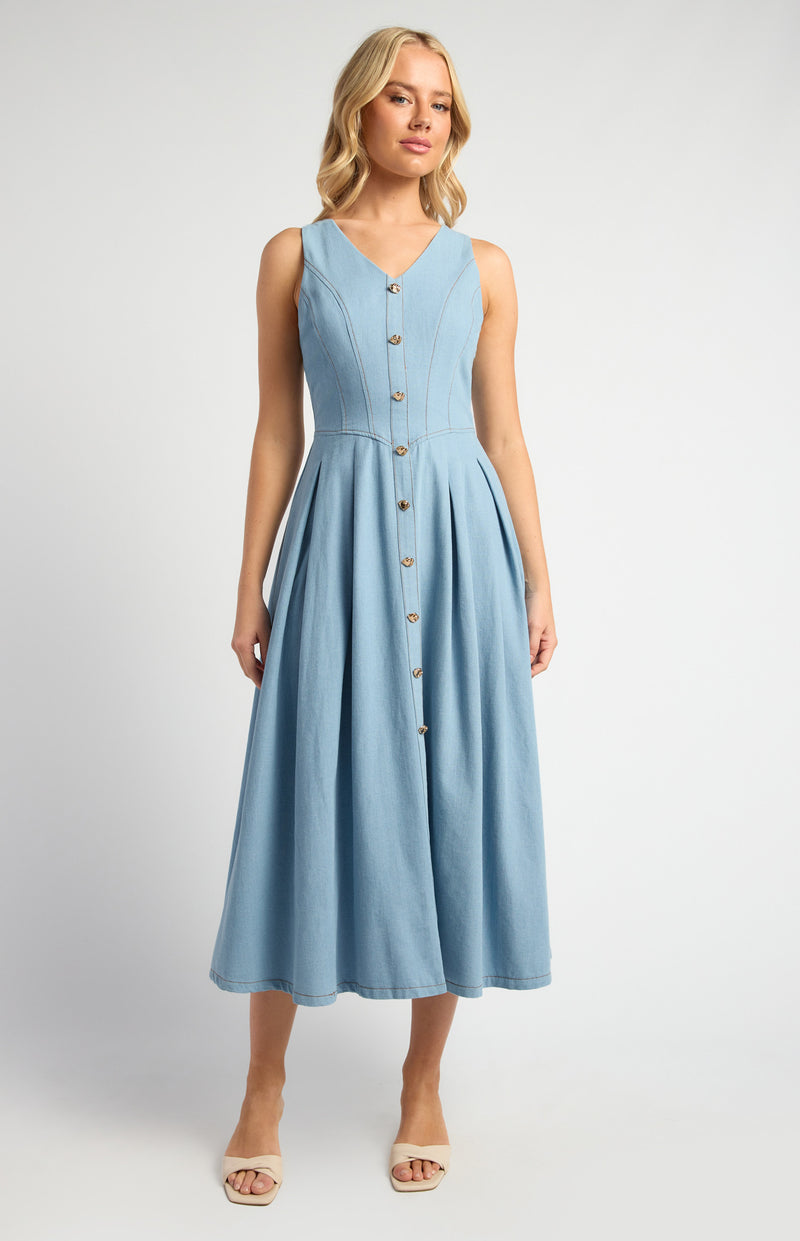 Embossed Gold Button Chambray Dress With Pleated Panel Details Light Blue