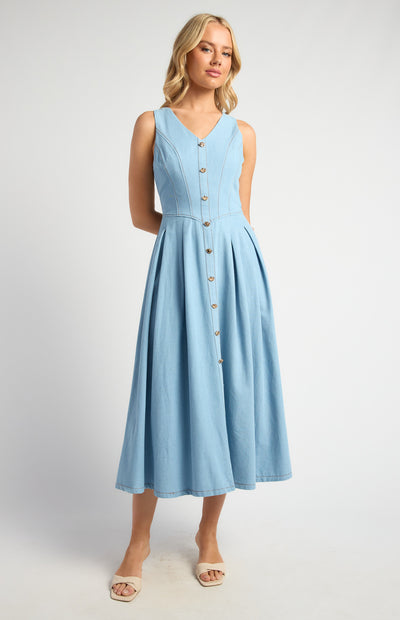 Embossed Gold Button Chambray Dress With Pleated Panel Details Light Blue