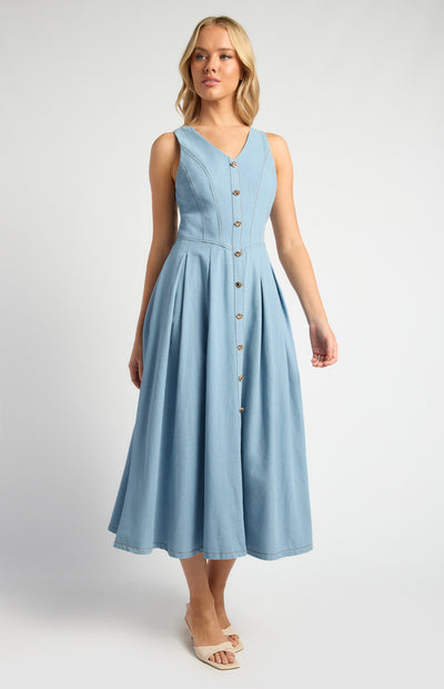 Embossed Gold Button Chambray Dress With Pleated Panel Details Light Blue