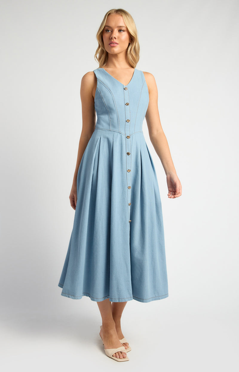 Embossed Gold Button Chambray Dress With Pleated Panel Details Light Blue