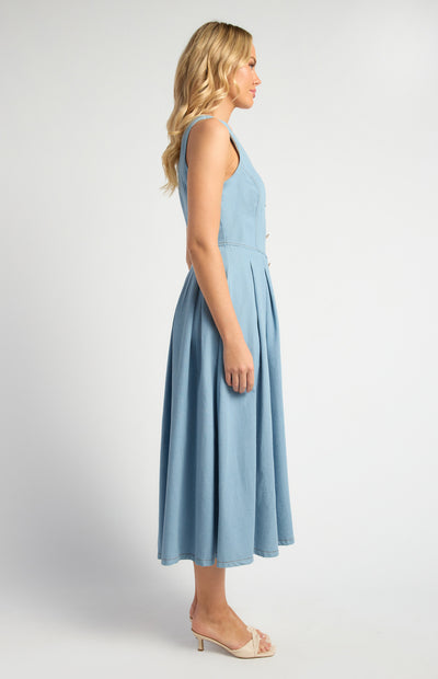 Embossed Gold Button Chambray Dress With Pleated Panel Details Light Blue