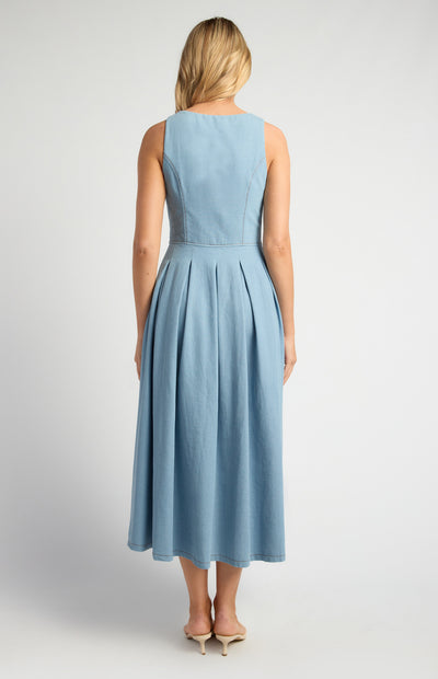Embossed Gold Button Chambray Dress With Pleated Panel Details Light Blue