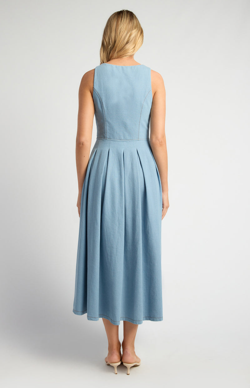 Embossed Gold Button Chambray Dress With Pleated Panel Details Light Blue