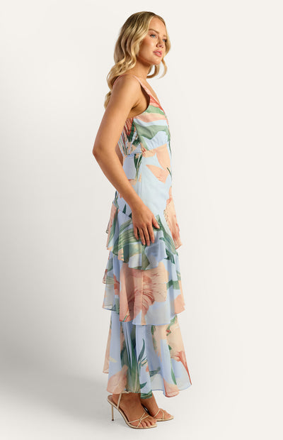 Oasis Floral Marble Beaded Keyhole Neckline Tiered Hem Maxi Dress Blue