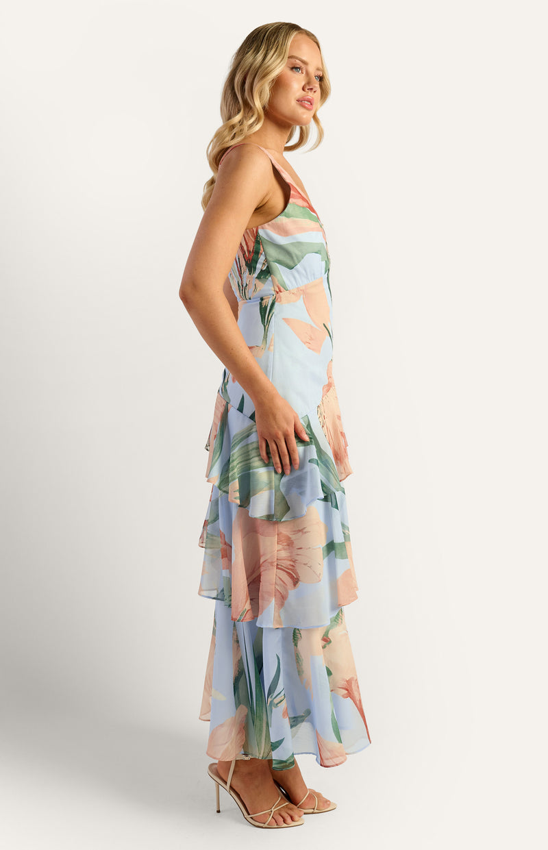 Oasis Floral Marble Beaded Keyhole Neckline Tiered Hem Maxi Dress Blue