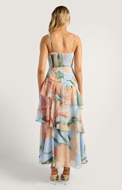 Oasis Floral Marble Beaded Keyhole Neckline Tiered Hem Maxi Dress Blue