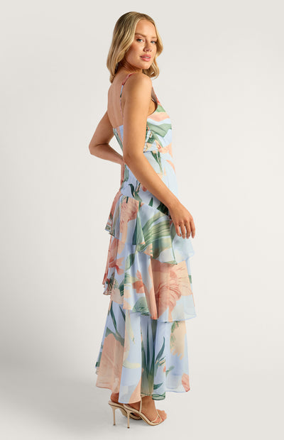 Oasis Floral Marble Beaded Keyhole Neckline Tiered Hem Maxi Dress Blue