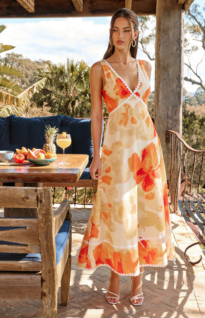 Island Floral Trim Detailing Faux Linen Maxi Dress Yellow Orange Womens Clothing