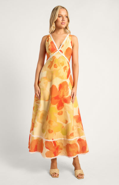 Island Floral Trim Detailing Faux Linen Maxi Dress Yellow Orange Womens Clothing