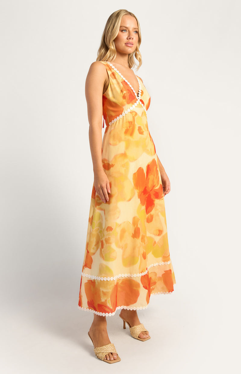 Island Floral Trim Detailing Faux Linen Maxi Dress Yellow Orange Womens Clothing