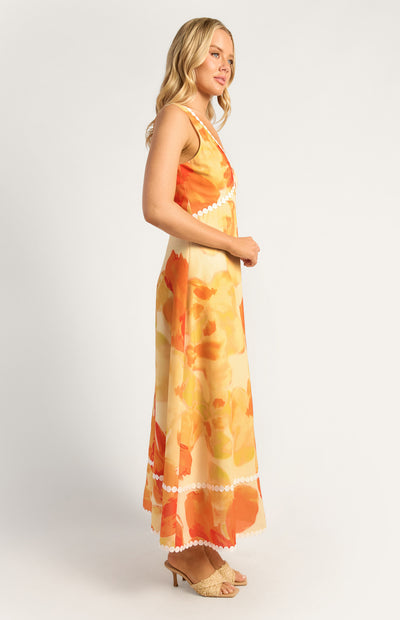 Island Floral Trim Detailing Faux Linen Maxi Dress Yellow Orange Womens Clothing