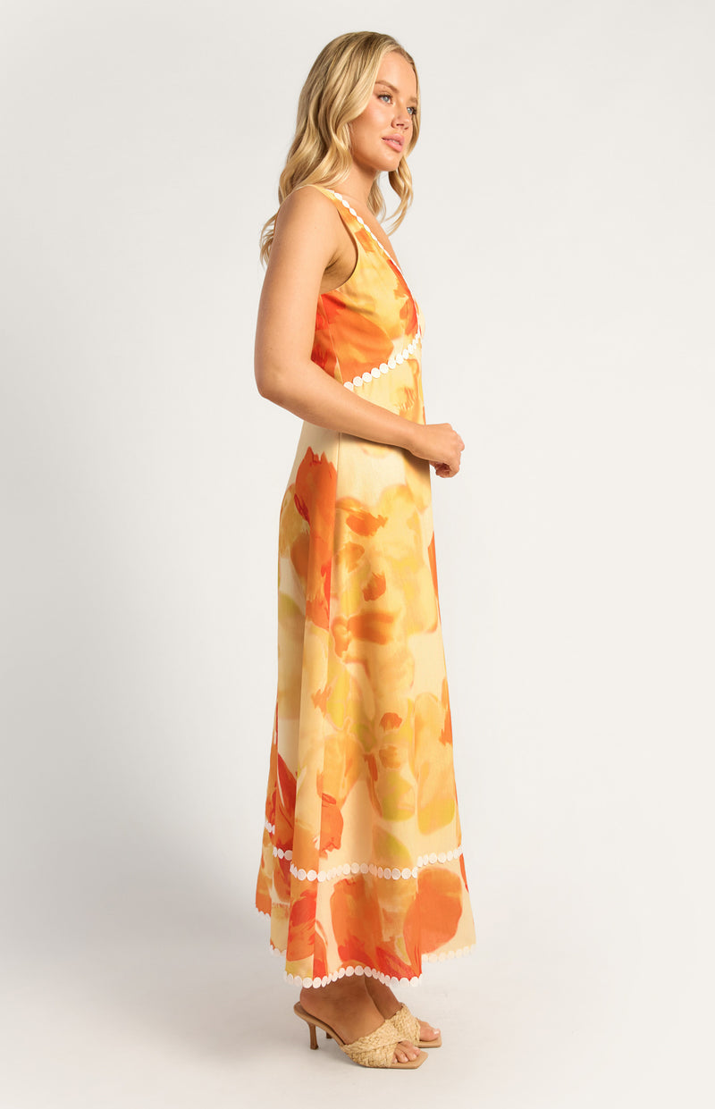 Island Floral Trim Detailing Faux Linen Maxi Dress Yellow Orange Womens Clothing