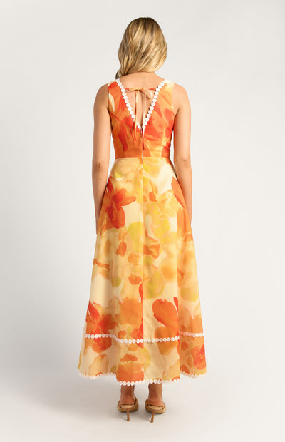 Island Floral Trim Detailing Faux Linen Maxi Dress Yellow Orange Womens Clothing