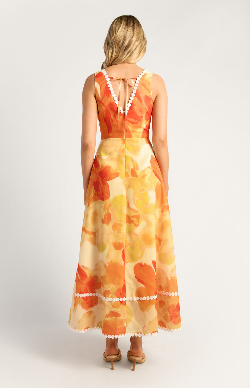 Island Floral Trim Detailing Faux Linen Maxi Dress Yellow Orange Womens Clothing